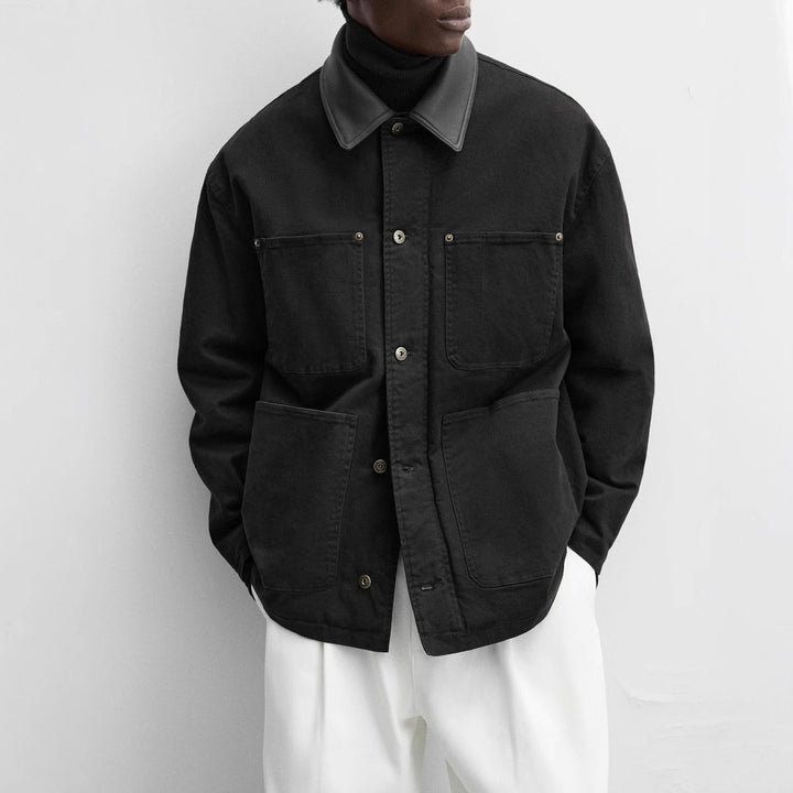 Herren modische Utility-Jacke mit großen aufgesetzten Taschen und anpassbarem Kragen Hedi-Mode