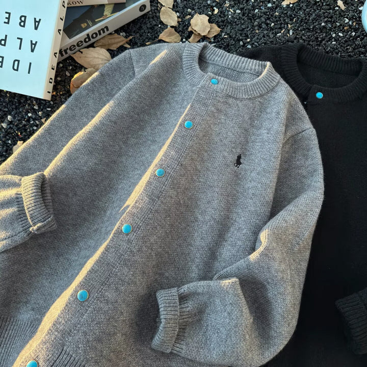 Unisex Oversize-Strickjacke mit Druckknopfleiste, geripptem Saum und Melange-Optik Echoarchiv