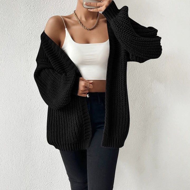 Damen Oversize-Strickcardigan mit grobem Waffelstrick, offener Front und voluminösen Ballonärmeln – Veloura