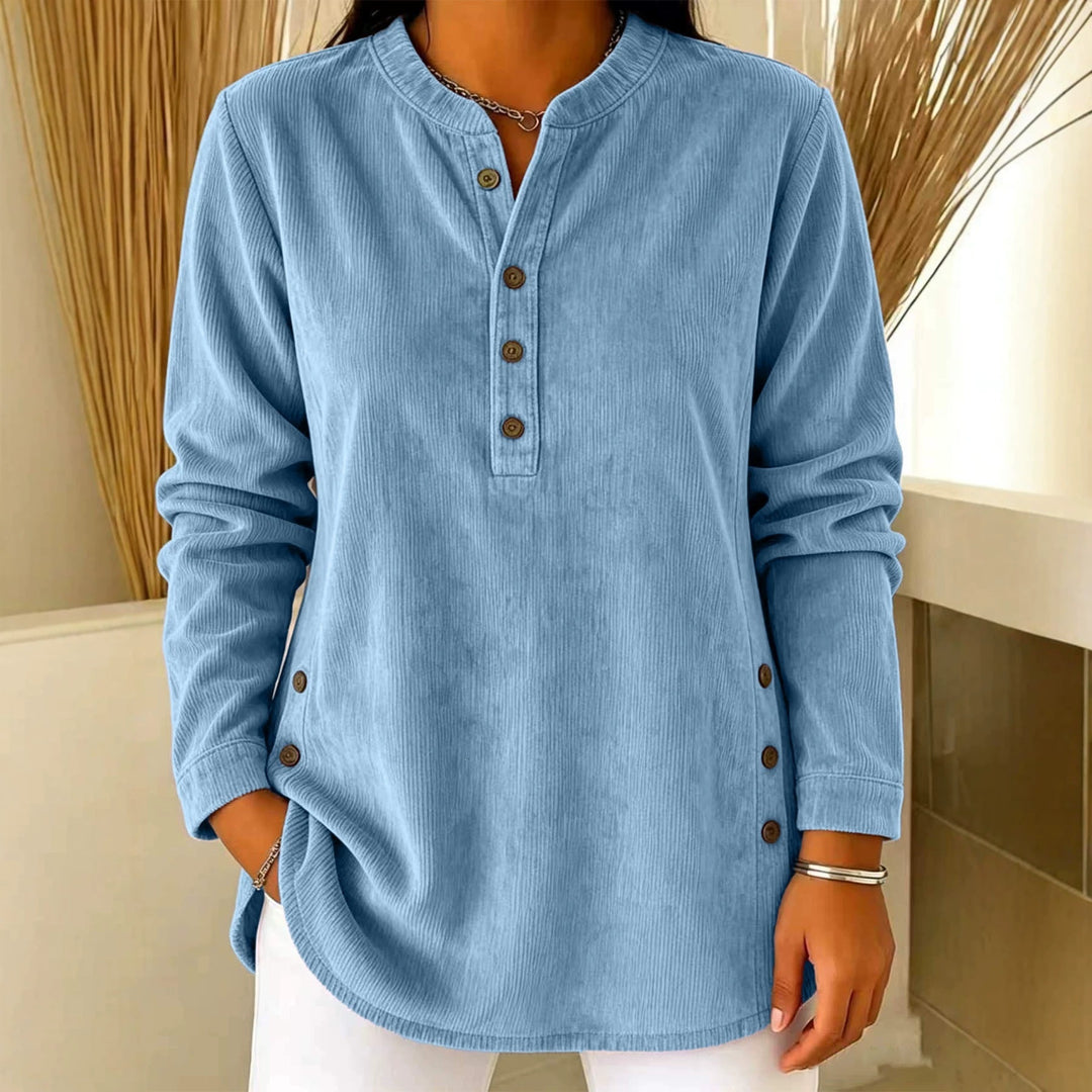 Damen Lässige Cordoptik‑Tunika mit Henley‑Kragen und Seitenknöpfen – Avérine