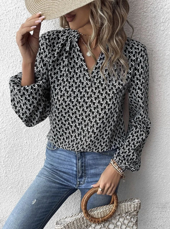 Damen Gemusterte Viskose-Bluse mit Stehkragen und Ballonärmeln – Élovi