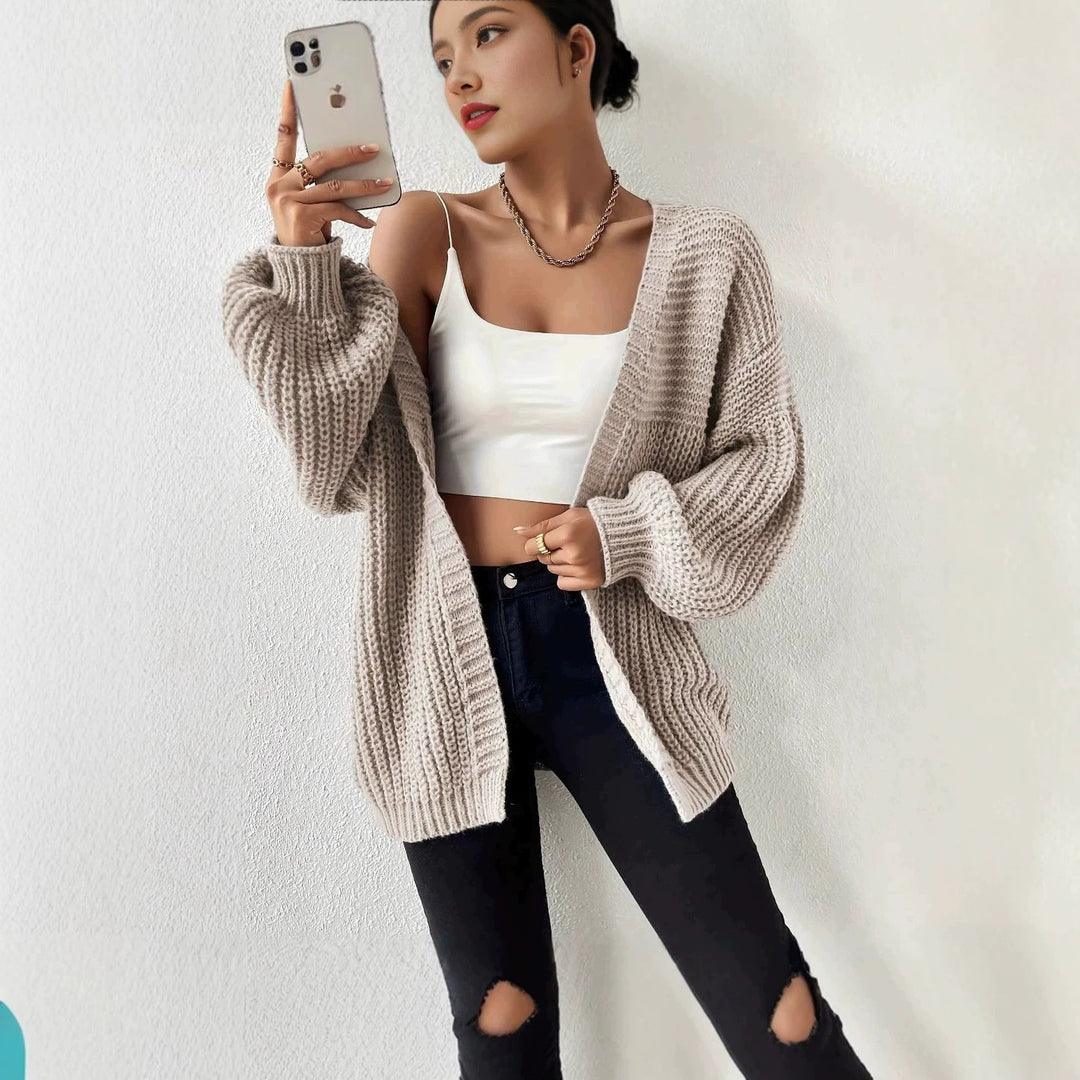 Damen Oversize-Strickcardigan mit grobem Waffelstrick, offener Front und voluminösen Ballonärmeln – Veloura