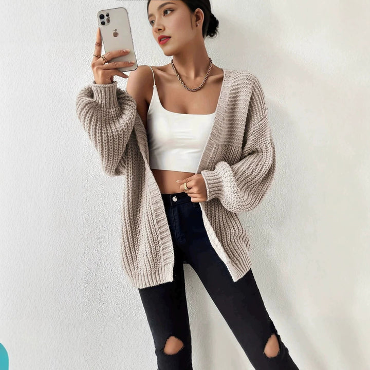 Damen Oversize-Strickcardigan mit grobem Waffelstrick, offener Front und voluminösen Ballonärmeln – Veloura