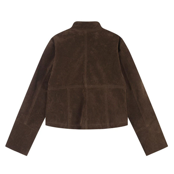 Damen kurze Wildleder-Utilityjacke mit Stehkragen, Mehrfachtaschen und Reißverschluss Echoarchiv