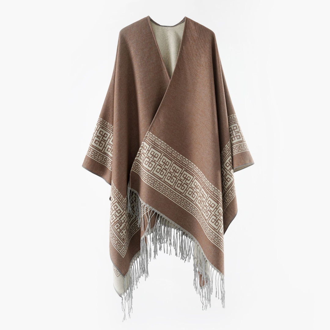 Damen Reversibler Wollmix‑Überwurf im Kimono‑Fall mit ornamentaler Bordüre und Zierfransen – Célinea