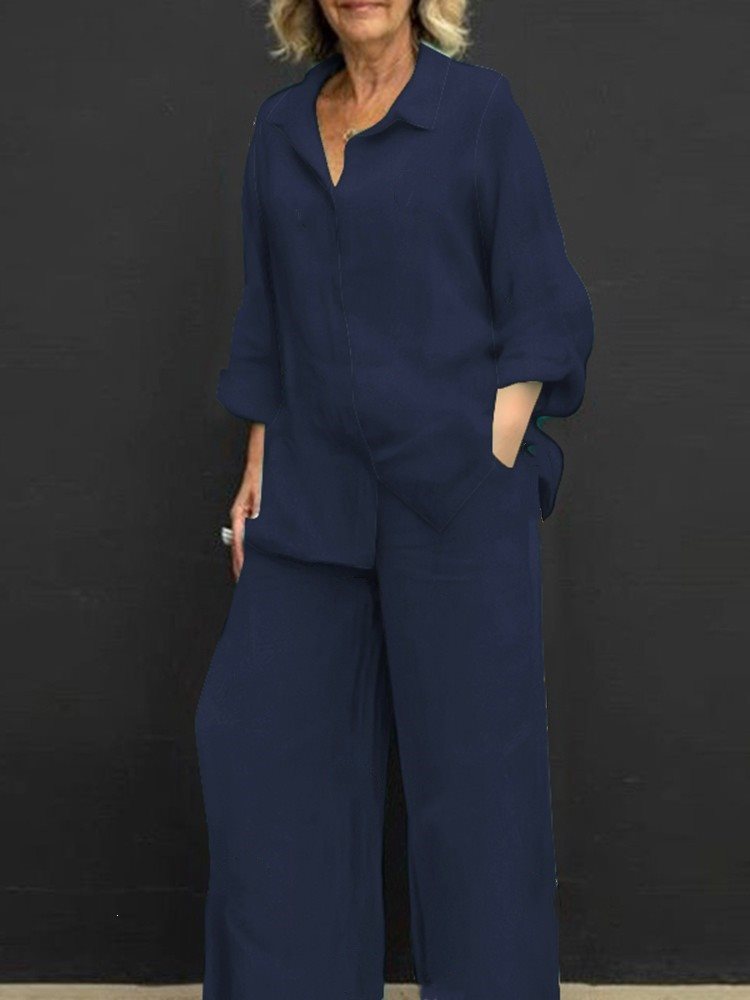 Damen Leichtes Leinen-Loungewear-Set mit Oversized-Hemd und weiter Palazzo-Hose Echo Archiv