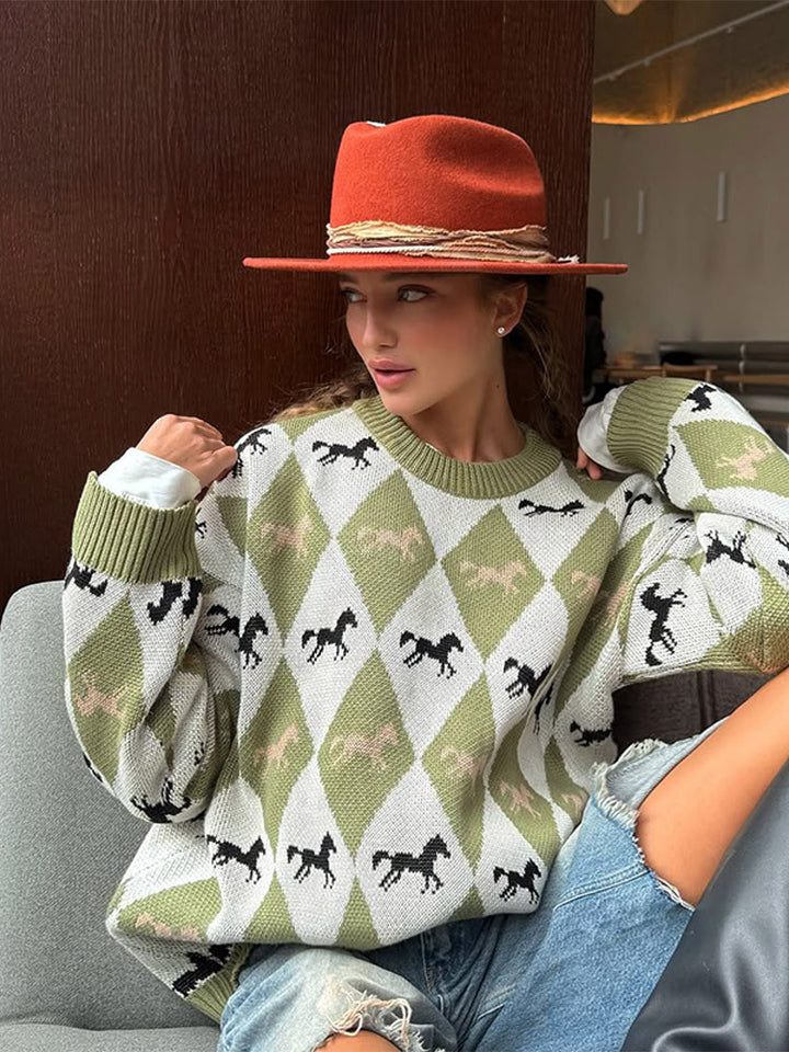 Damen Oversize Strickpullover mit Argyle-Muster und Pferde-Motiv Echoarchiv