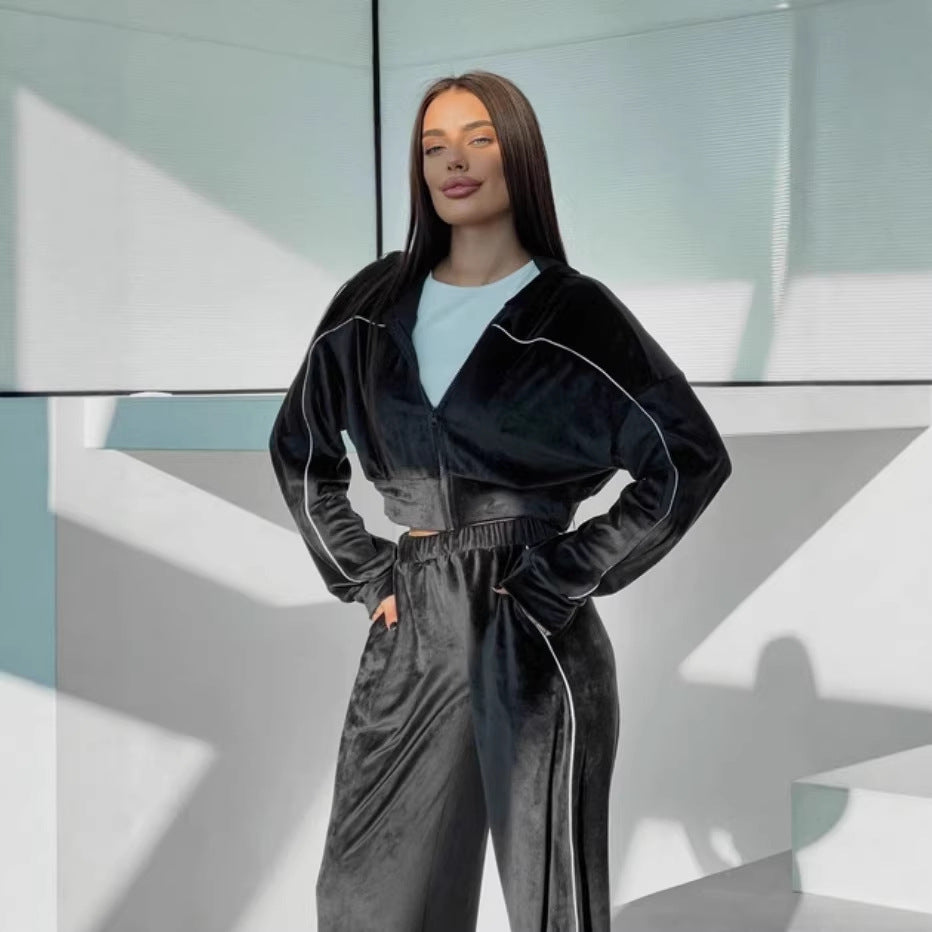 Damen Crop-Zip-Samtjacke und weite High-Waist Palazzo-Sweathose Set – Élanora