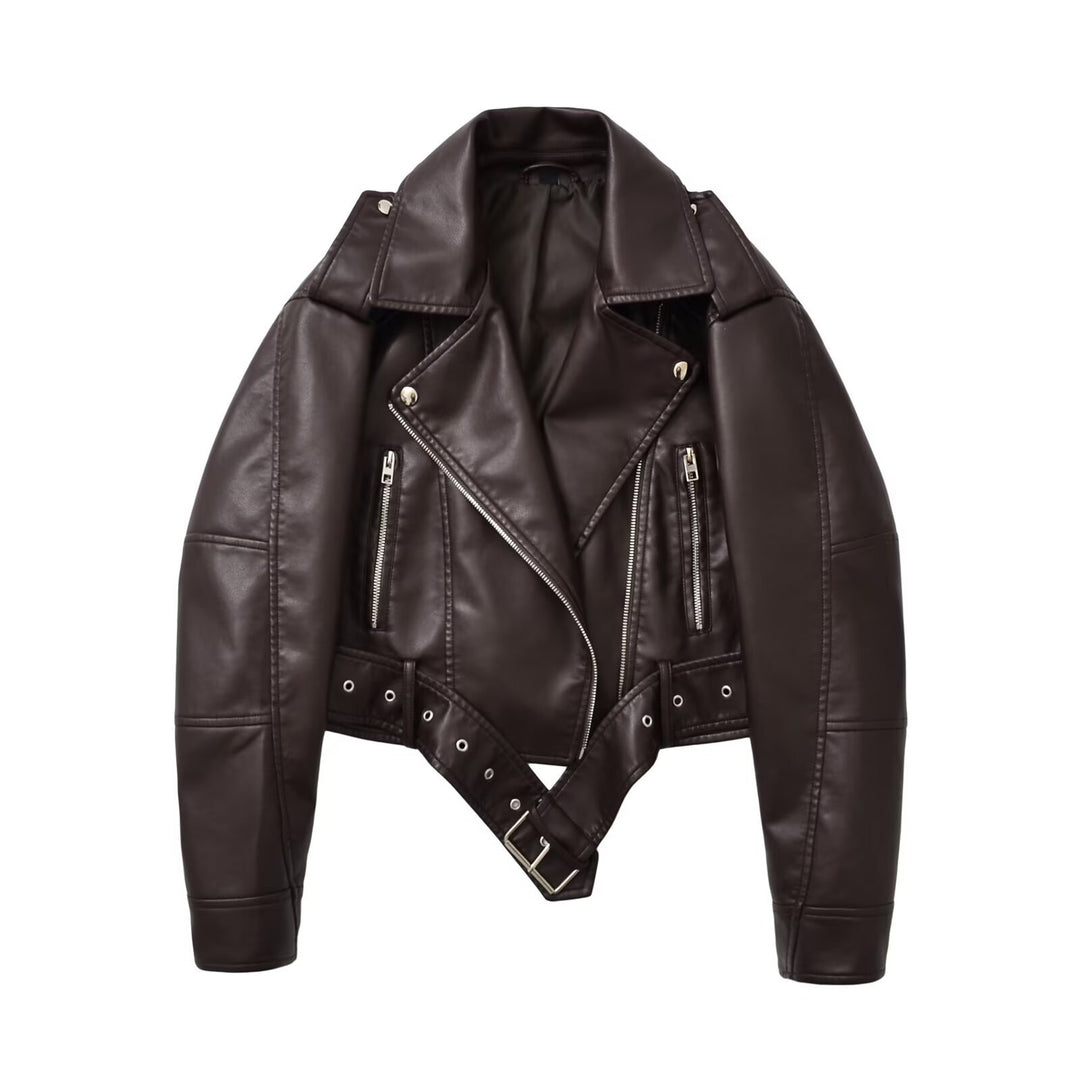 Damen taillierte Kunstleder-Bikerjacke mit Gürtel Echo Archiv