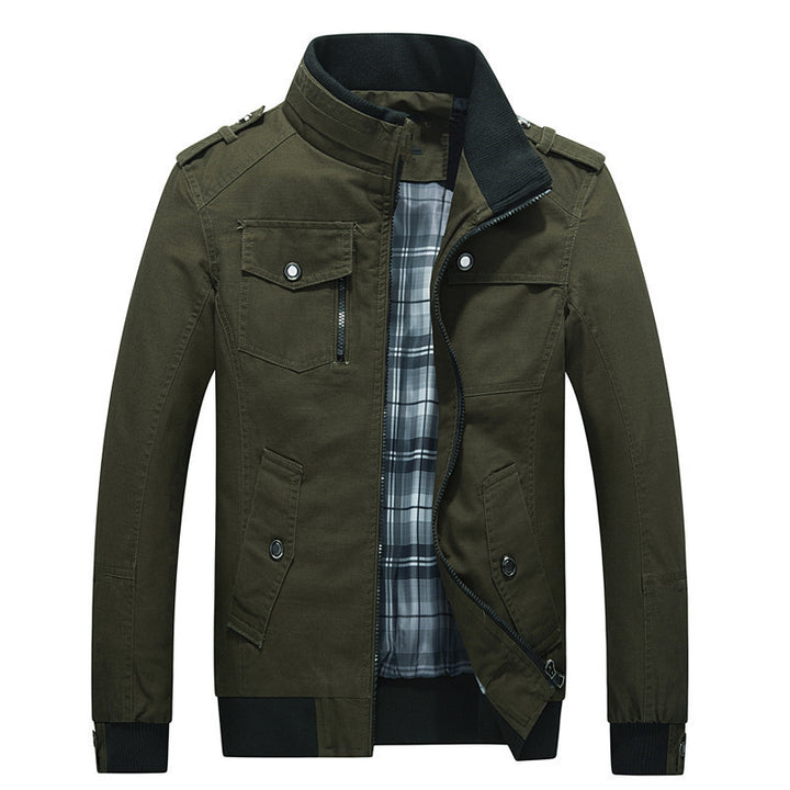 Herren nan militärisch inspirierte Übergangsjacke mit Stehkragen, Epauletten, Klappentaschen und kariertem Innenfutter Echo Archiv