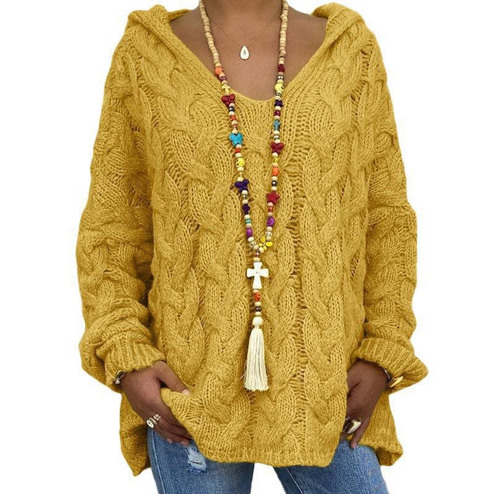 Damen Oversized Zopfmuster-Strickpullover mit Kapuze und lässigem V‑Ausschnitt Echo Archiv