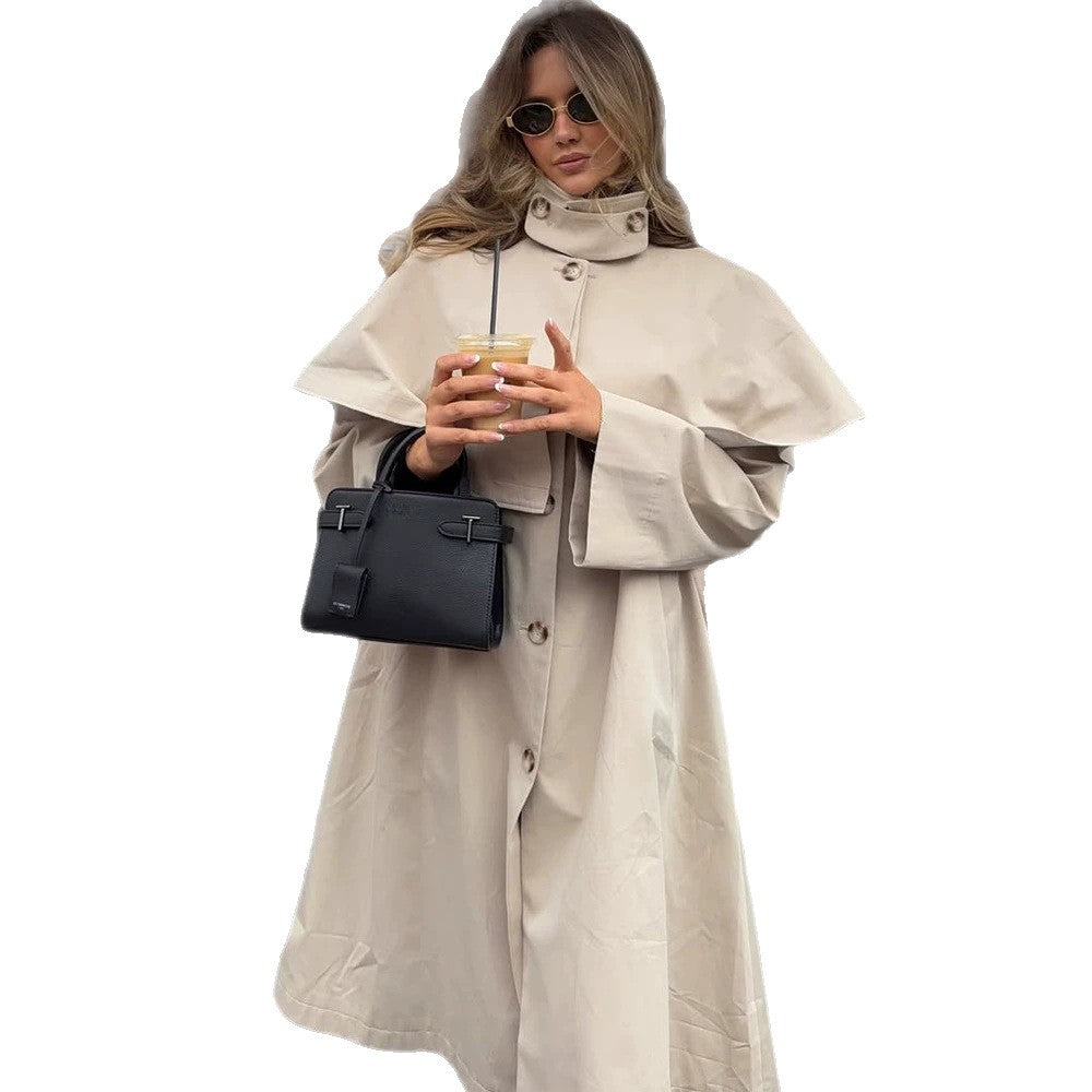 Damen Oversize-Trenchcoat mit Cape-Detail und hohem Stehkragen Echoarchiv