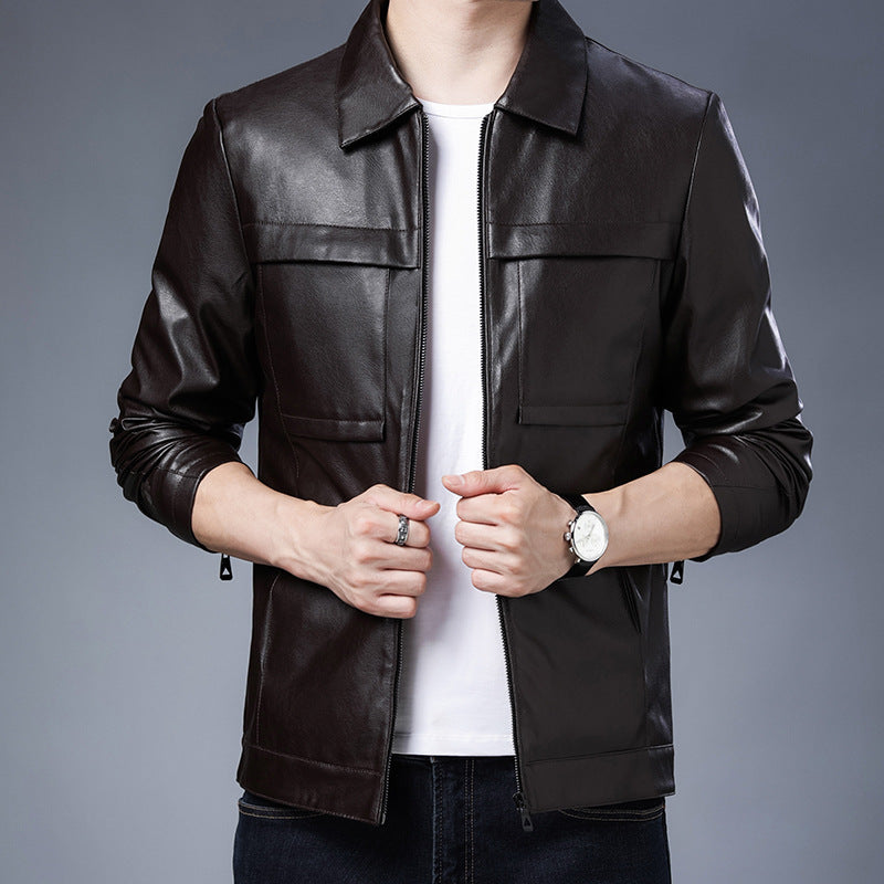 Herren minimalistisches Kunstleder-Zipblouson mit Hemdkragen und Pattentaschen Echoarchiv