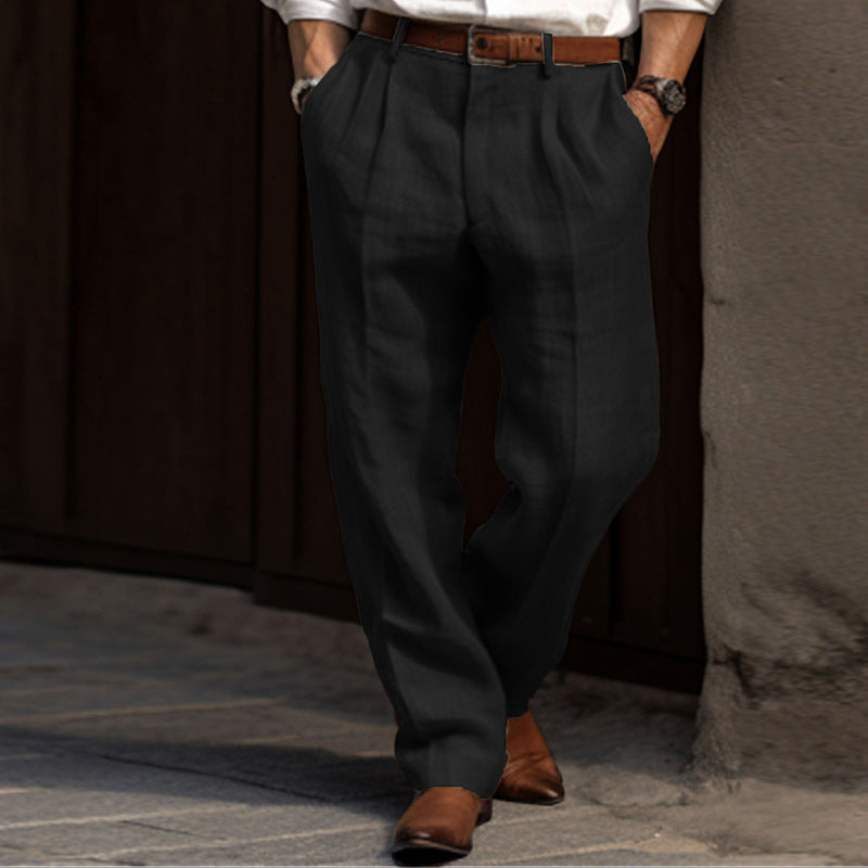 Herren Leinenmischung Plissee-Hose mit weitem Bein und hoher Taille Echoarchiv