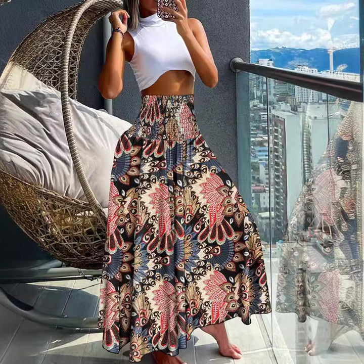 Damen Maxirock mit hohem Smockbund und weitem Boho-Print – Rosévia