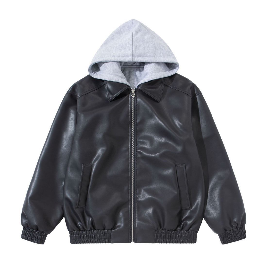Herren Boxy-Lederblouson mit angenähter Jersey-Kapuze und geripptem Saum Echoarchiv