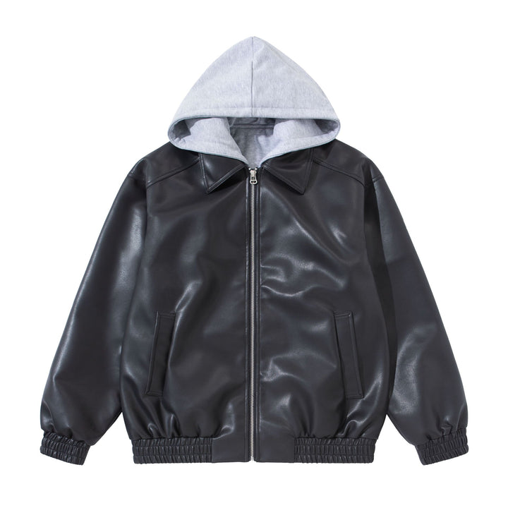 Herren Boxy-Lederblouson mit angenähter Jersey-Kapuze und geripptem Saum Echoarchiv