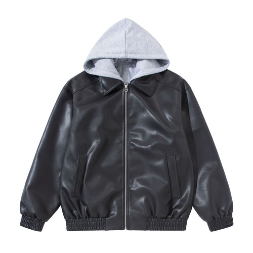 Herren Boxy-Lederblouson mit angenähter Jersey-Kapuze und geripptem Saum Echoarchiv