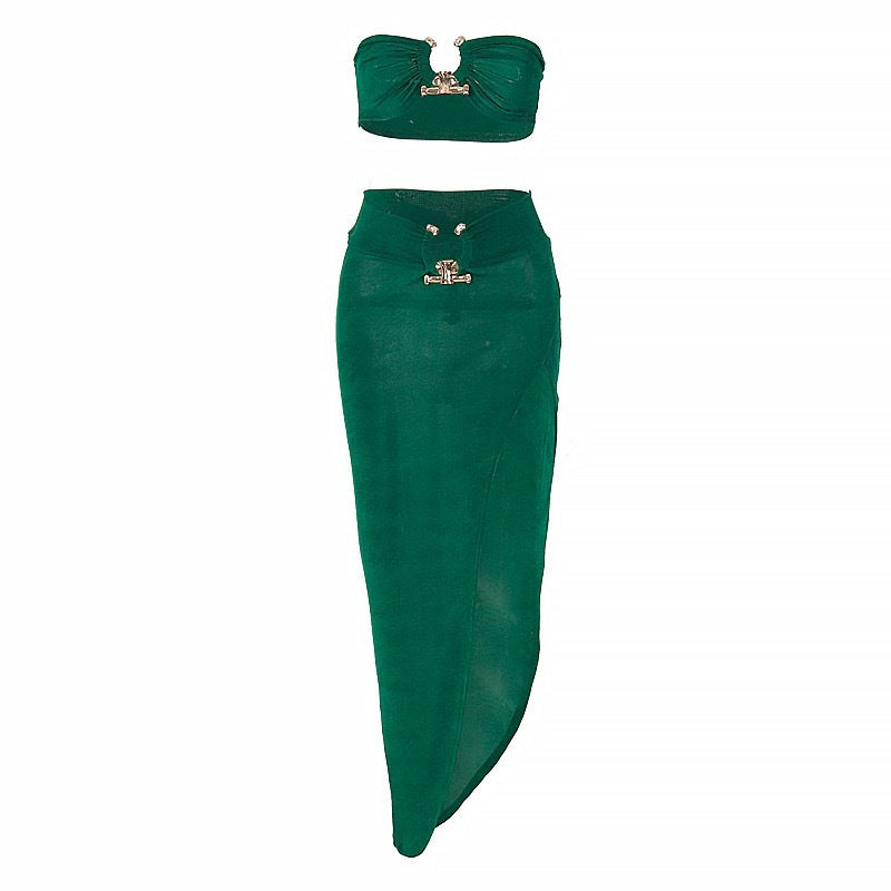 Damen Stylisches Bandeau-Top und Maxi-Rock Set mit hohem Schlitz und eleganten Details Echo Archiv