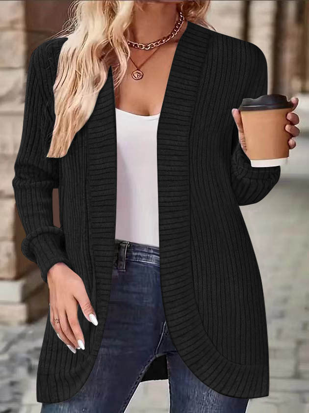 Damen Langer Offener Rippstrick-Cardigan mit abgerundetem Saum – Veloura