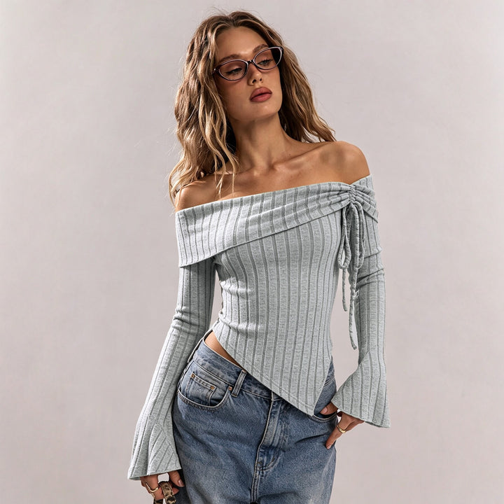 Damen schulterfreies geripptes Strick-Top mit asymmetrischem Zipfelsaum und Schnürdetail – Avérine
