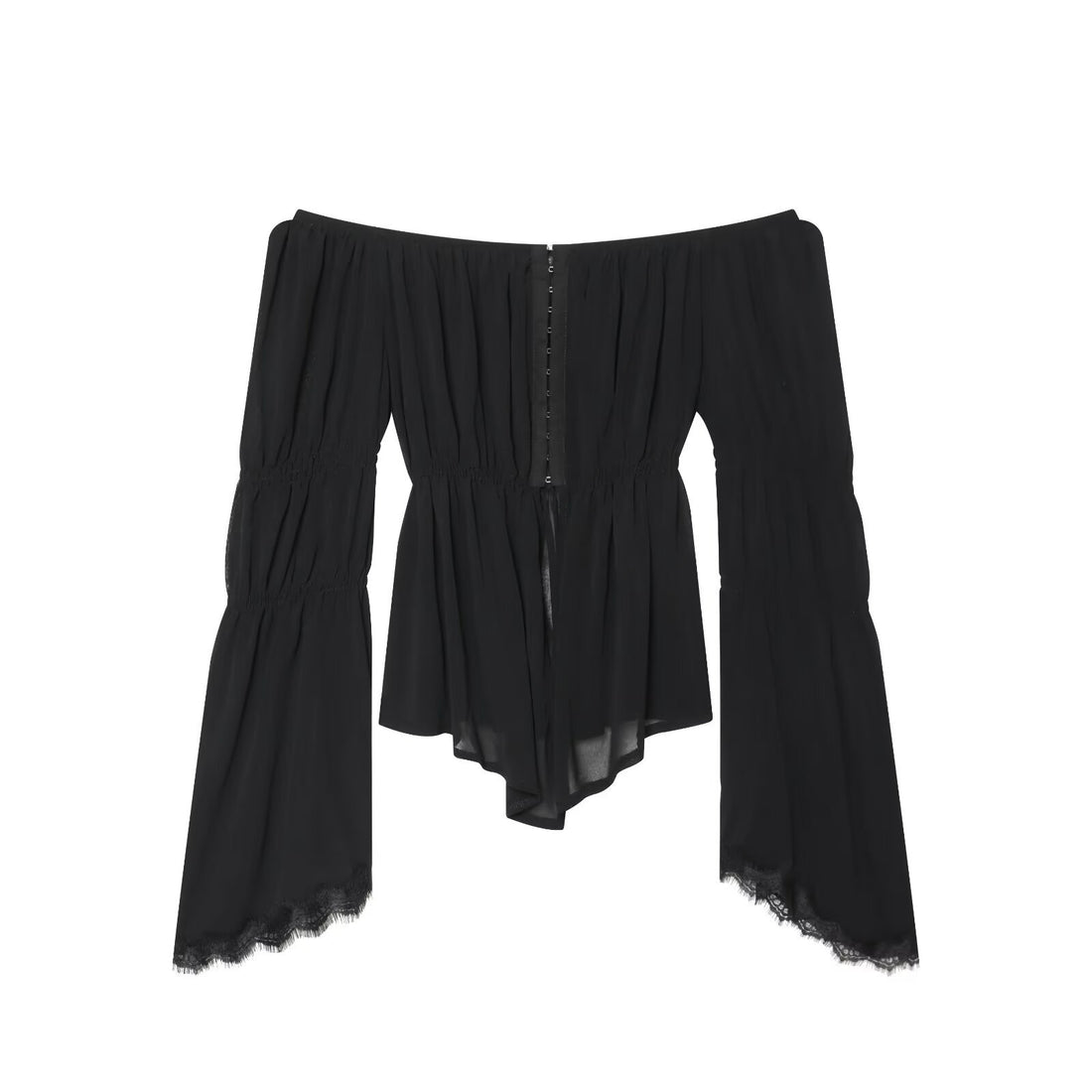 Damen Schulterfreies Chiffon-Top mit Carmen-Ausschnitt, geraffter Taille und voluminösen Volantärmeln Echoarchiv