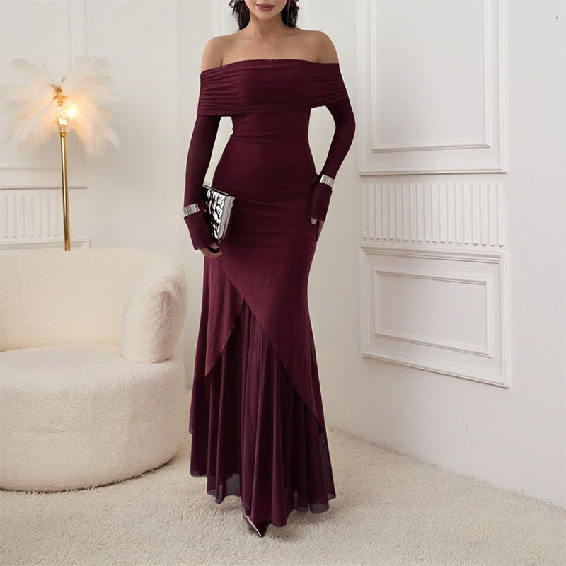Damen elegantes schulterfreies Maxikleid mit raffiniertem Rüschenoberteil und asymmetrischem Saum Echo Archiv
