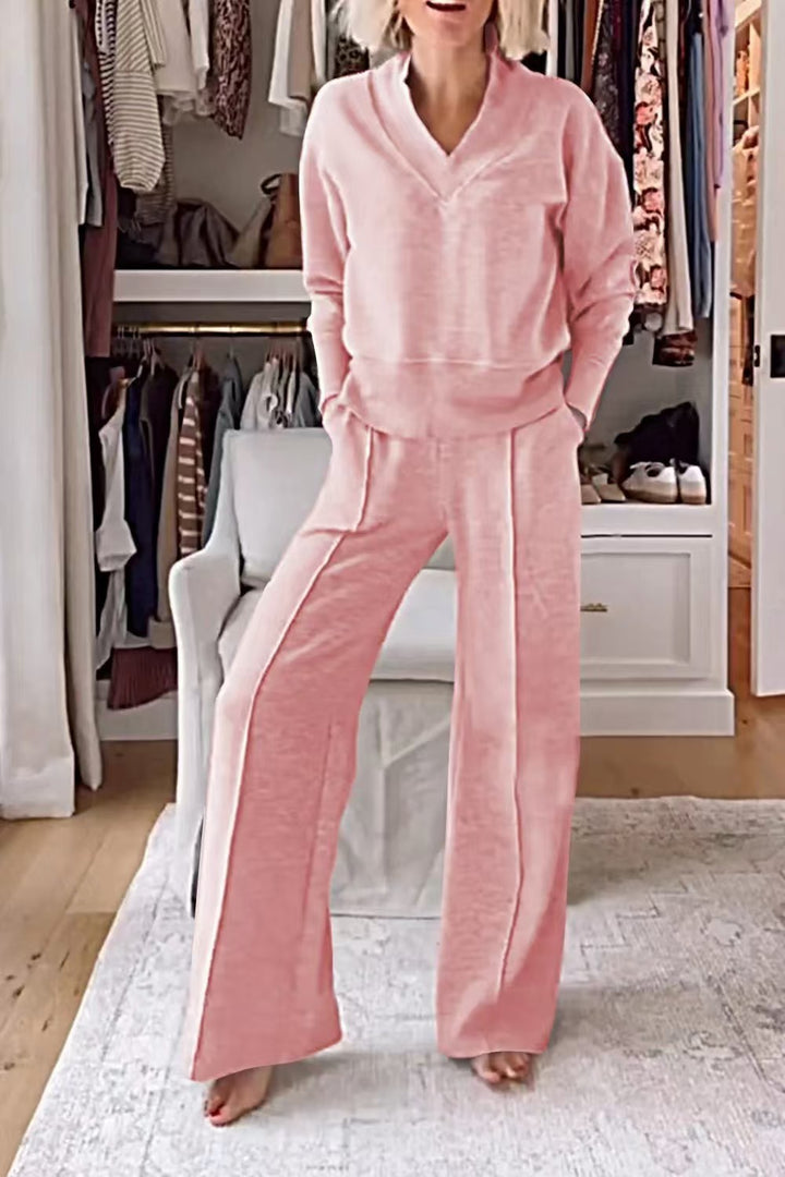 Damen Zweiteiliges Lounge-Set aus weichem Jersey mit V-Ausschnitt und weitem Palazzohosen-Schnitt Echo Archiv