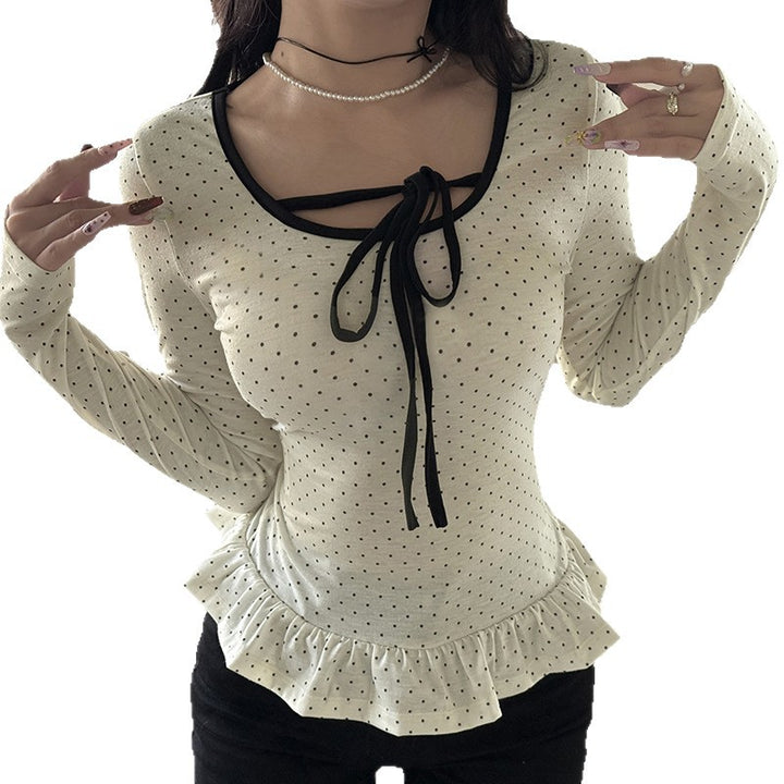 Damen nan tailliertes Longsleeve mit Rüschensaum, Tunnelzug und feinem Punktmuster Echo Archiv