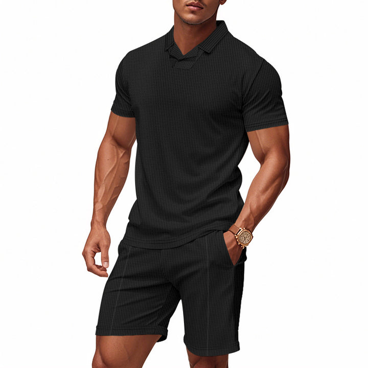 Herren nan lässiges Waffelstruktur-Freizeitset mit Reverskragen-Kurzarmshirt und elastischen Freizeitshorts Echo Archiv