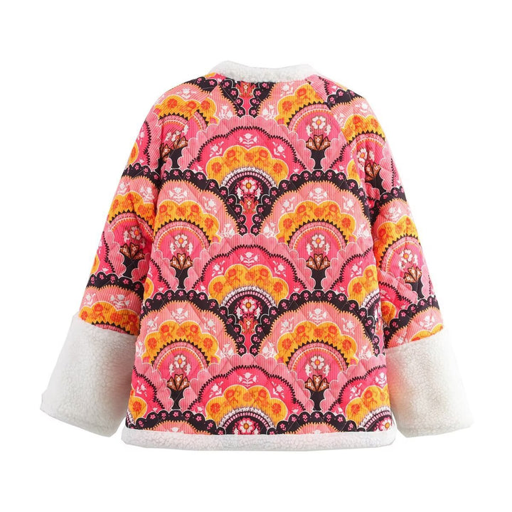 Damen gesteppte Jacke mit Teddyfutter und retro-inspiriertem Allover-Print Echo Archiv