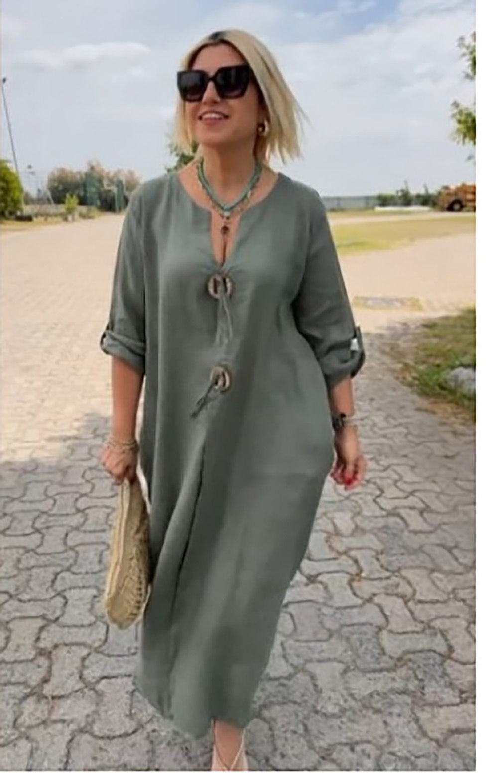 Damen Lange Leinen Look Kaftan Kleid mit Holerring Dekorbändchen und Roll-Up Drei-Viertel Ärmeln – Valéora