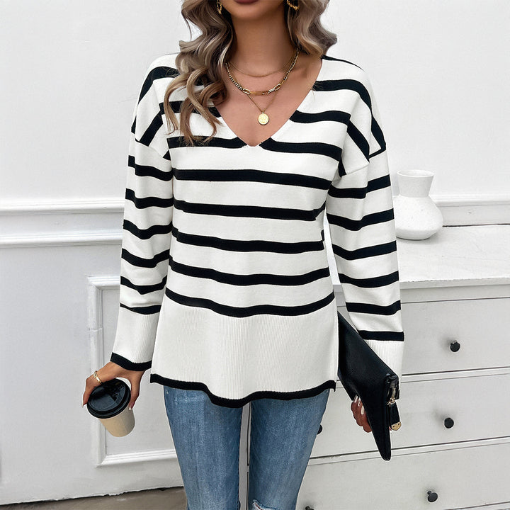 Damen gestreifter V‑Neck Feinstrickpullover mit verlängertem Tunika‑Schnitt und geripptem Saum – Mavelle