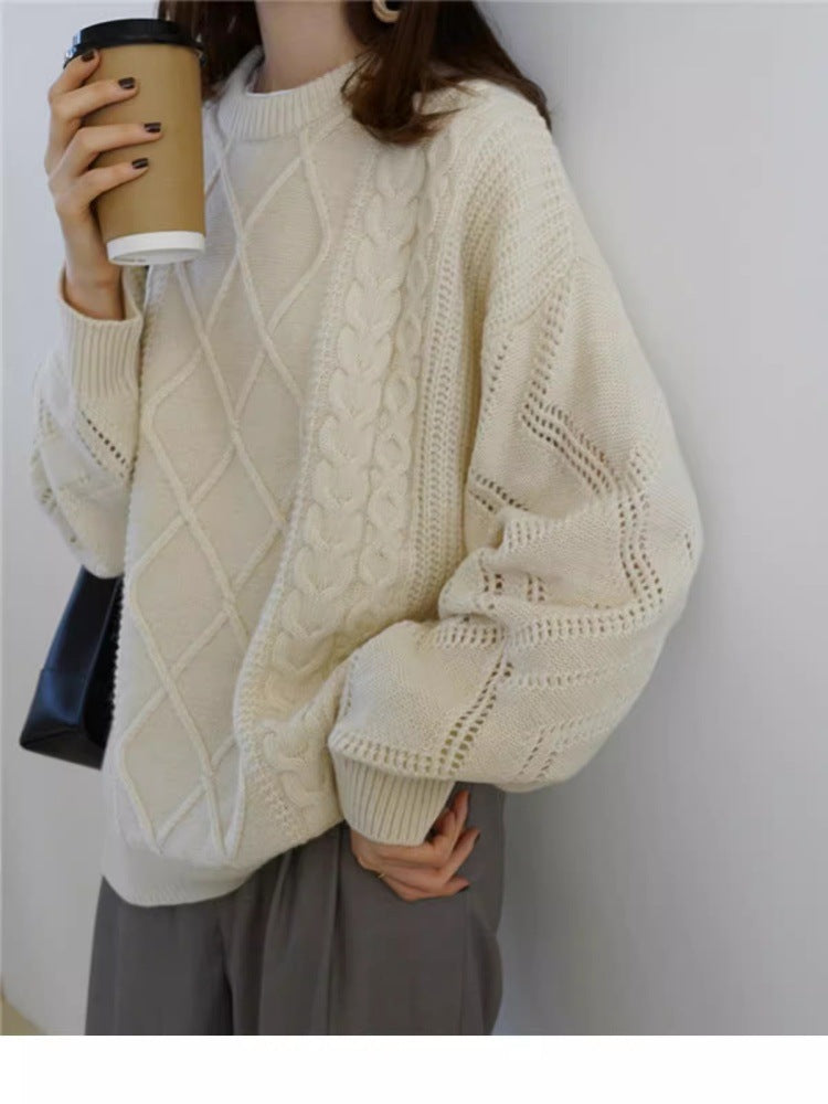 Damen Oversize Zopfmuster-Strickpullover mit Ajour‑Details und geripptem Saum Echoarchiv