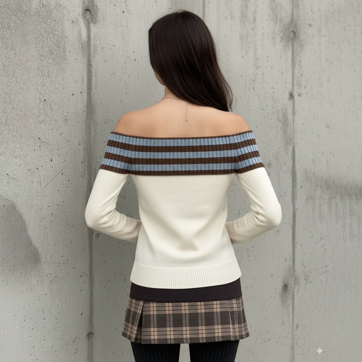 Damen Schulterfreier Feinstrick-Pullover mit Umschlagkragen und Stern-Applikation Echo Archiv