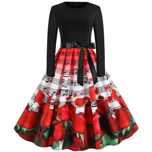 Damen tailliertes A-Linien Kleid mit Noten- und Rosenprint Langarm und Taillenschleife – Élara