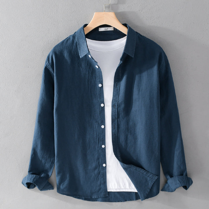 Herren Leinenmix-Layering-Overshirt mit Kentkragen, gerundetem Saum und Soft‑Touch Echoarchiv