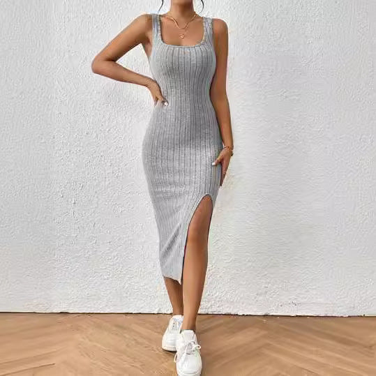 Damen figurbetontes Maxikleid mit hohem Schlitz und dekorativem Rippenmuster Echo Archiv