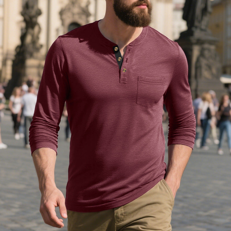 Herren Langarm-Henley-Shirt mit modischem Knopfdesign und praktischer Brusttasche Echoarchiv