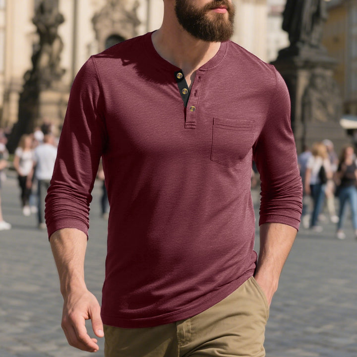 Herren Langarm-Henley-Shirt mit modischem Knopfdesign und praktischer Brusttasche Echoarchiv