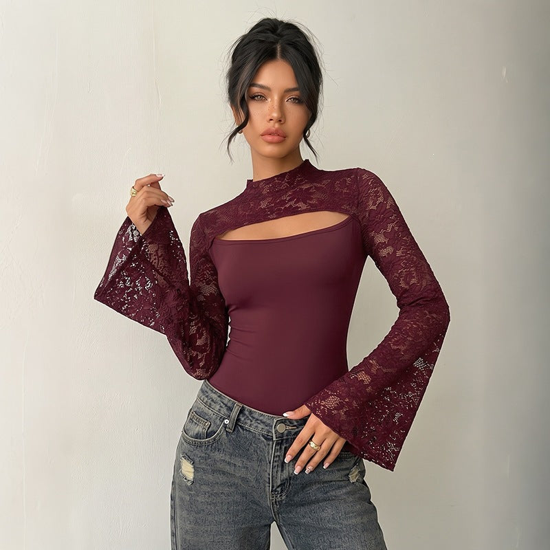 Damen Spitzen-Bodysuit mit Cut-Out, Carmen‑Optik und ausgestellten Trompetenärmeln Echoarchiv