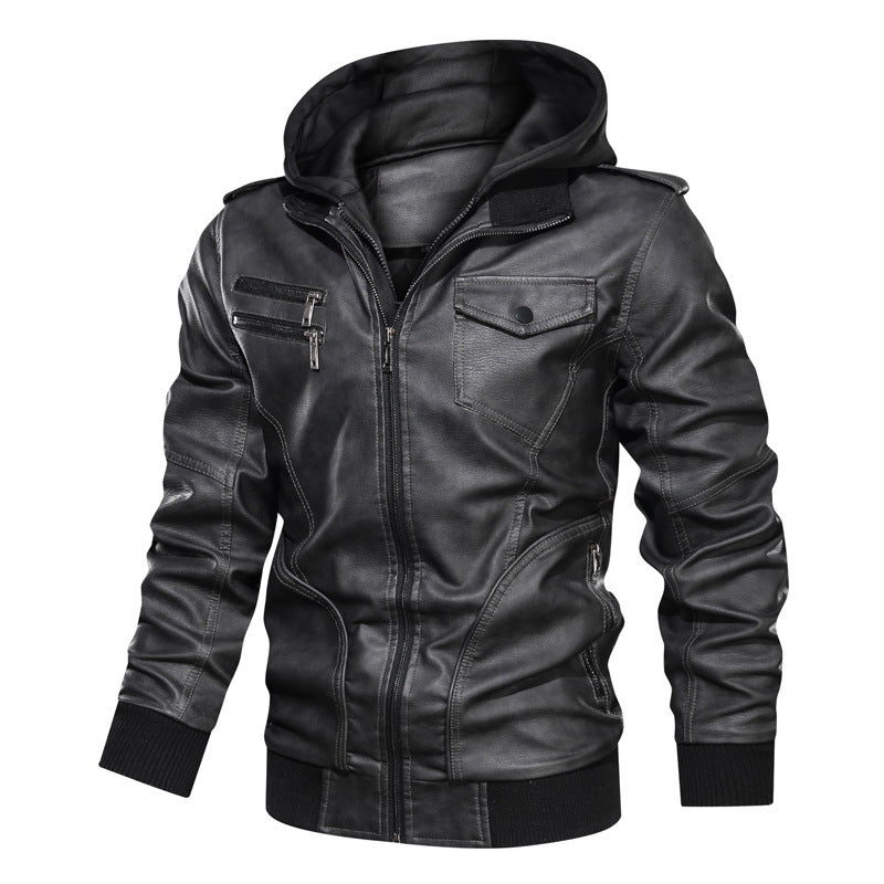 Herren Kapuzen-Lederimitatjacke im Bikerstil mit Reißverschluss, Brusttaschen und Rippbündchen Echoarchiv