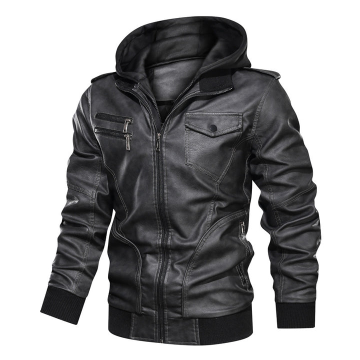 Herren Kapuzen-Lederimitatjacke im Bikerstil mit Reißverschluss, Brusttaschen und Rippbündchen Echoarchiv