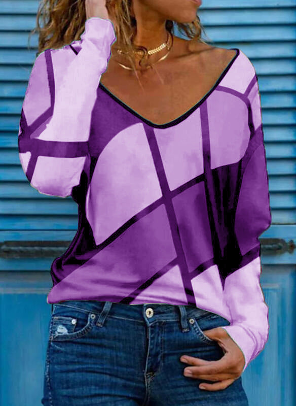 Damen Loose V-Ausschnitt Langarmshirt mit geometrischem Blockdruck und Oversized Passform – Avérine