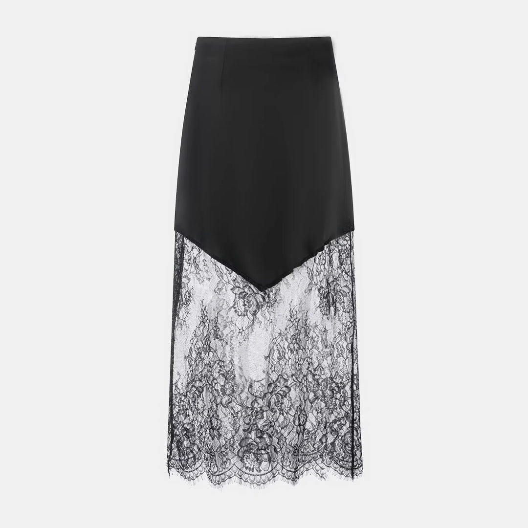 Damen nan Satinrock mit Spitzen-Overlay und asymmetrischem Zipfelsaum Echo Archiv