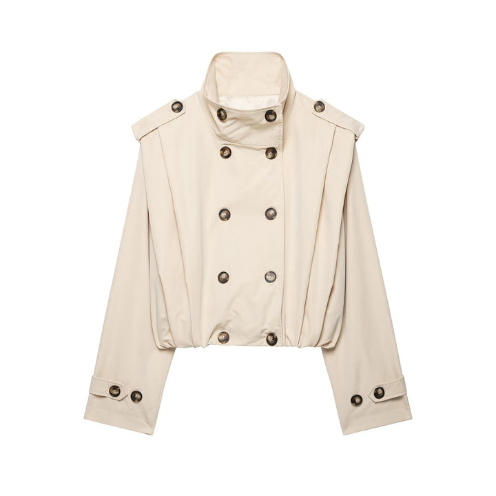 Damen Cropped Doppelreihige Trenchjacke mit Funnelkragen und Tunnelzugsaum Echoarchiv
