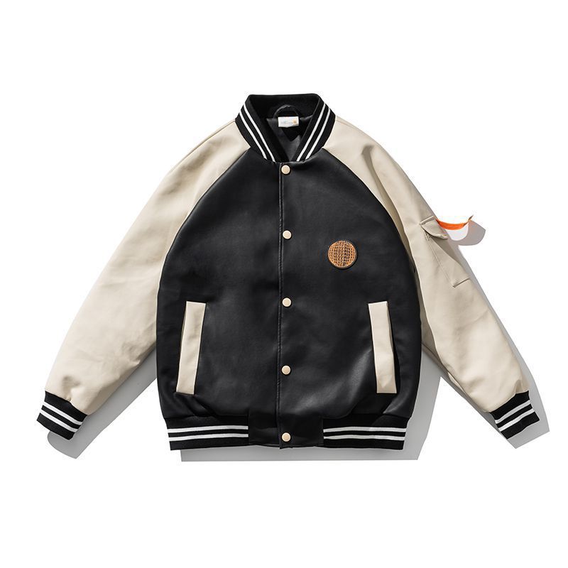 Herren College-Bomberjacke im Varsity-Stil aus Kunstleder mit Kontrastärmeln und Rippbündchen – Brevano