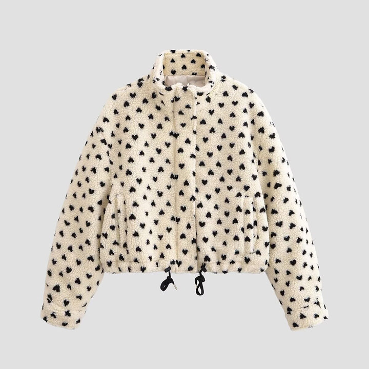 Damen Teddyjacke mit Stehkragen, Herzchen-Allover und Kordelzugsaum Echo Archiv