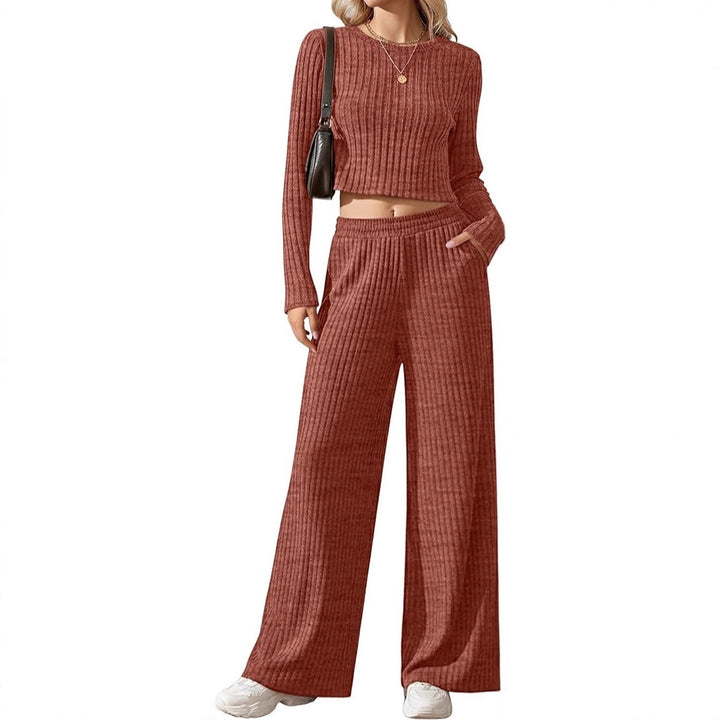 Damen Geripptes Feinstrick-Lounge-Set mit Cropped Langarmtop und High-Waist Palazzohose Echoarchiv