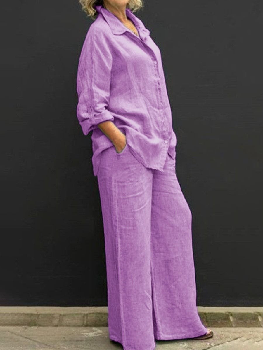Damen Leichtes Leinen-Loungewear-Set mit Oversized-Hemd und weiter Palazzo-Hose Echo Archiv